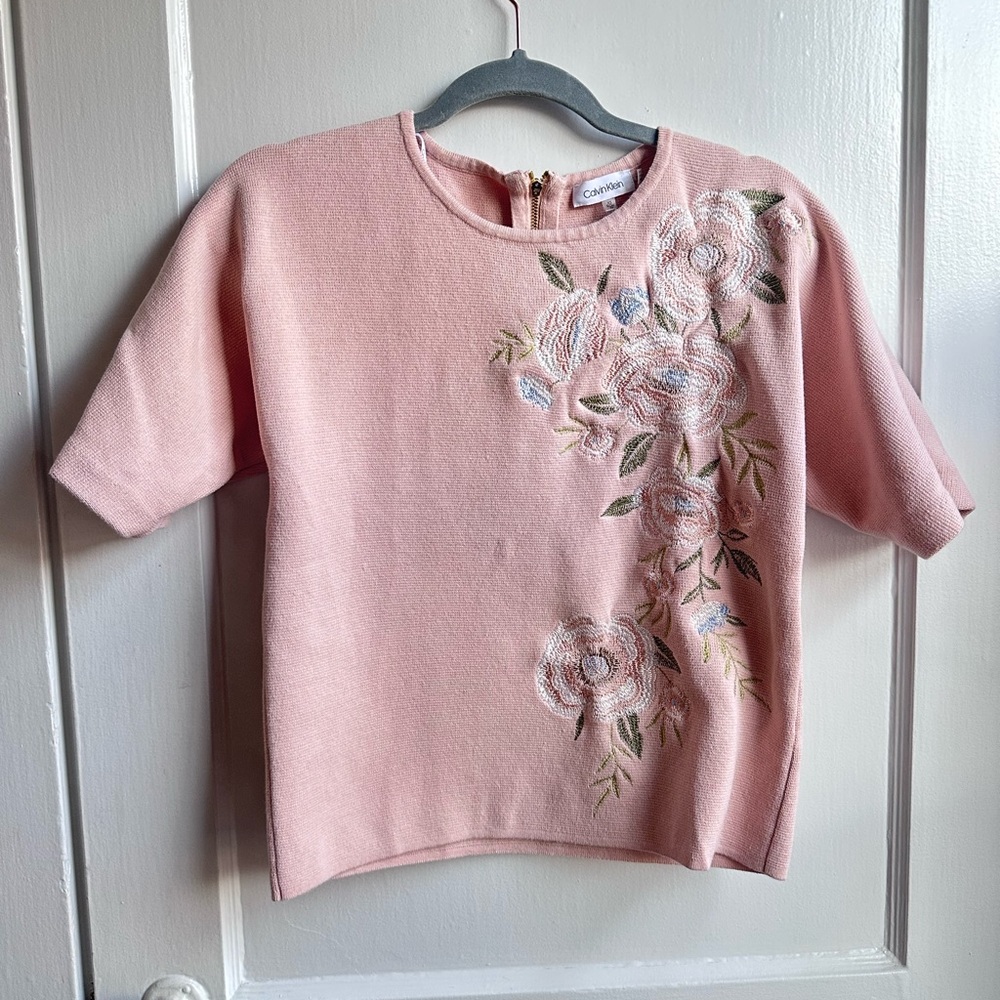Calvin Klein Soft Pink Embroidered Knit Top 100% Cotton